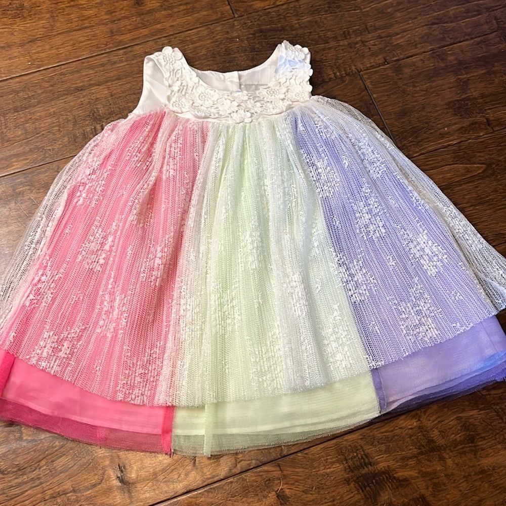 Counting Daisies Rainbow Mesh Layered Overlay Dress, size 18 months